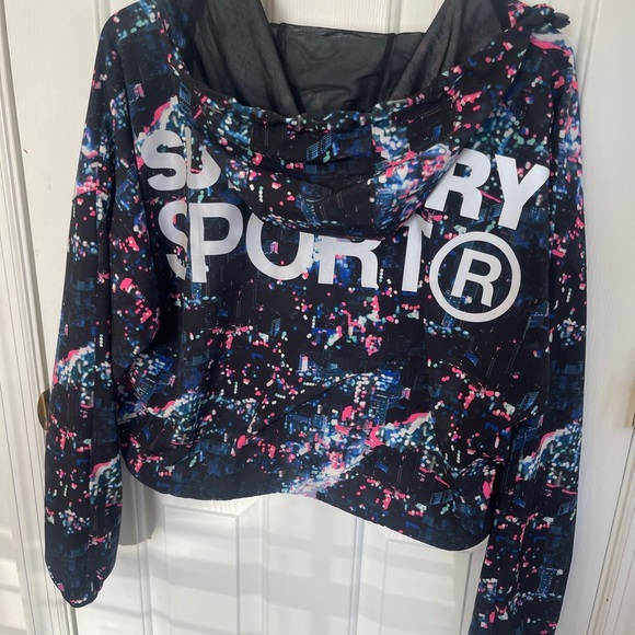 SuperDry Sport Size 8 Full Zip Print Windbreaker Running Jacket Black Neon - Picture 4 of 7